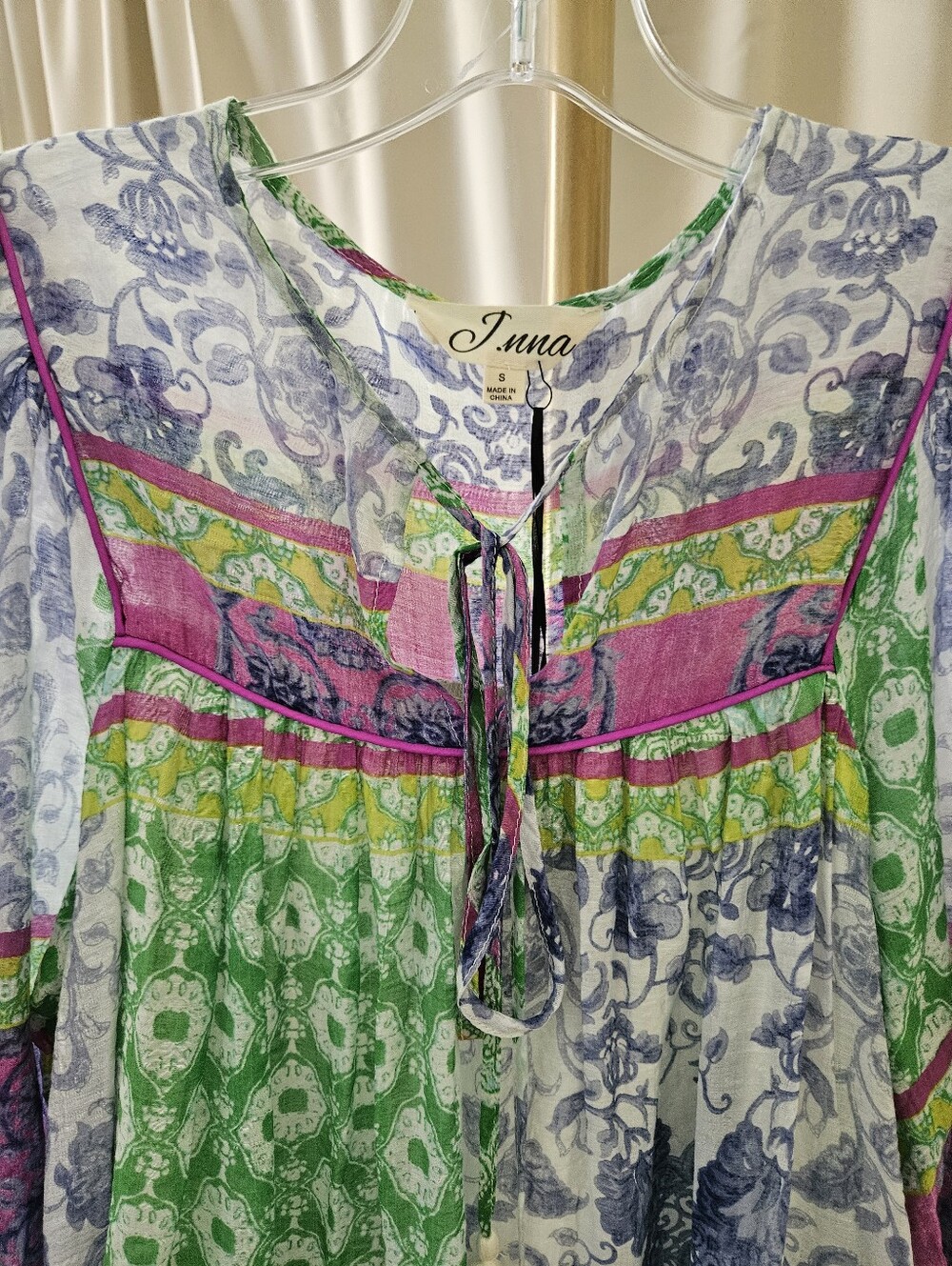 J.NNA Multi-Pattern Tunic Dress with Sheer Sleeves & Pockets | M - Picture 4 of 8